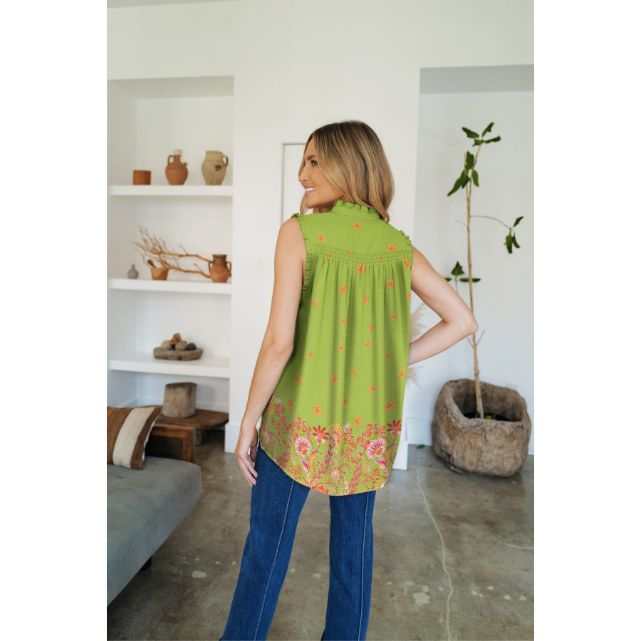 Frill Printed Mock Neck Top Apparel and Accessories