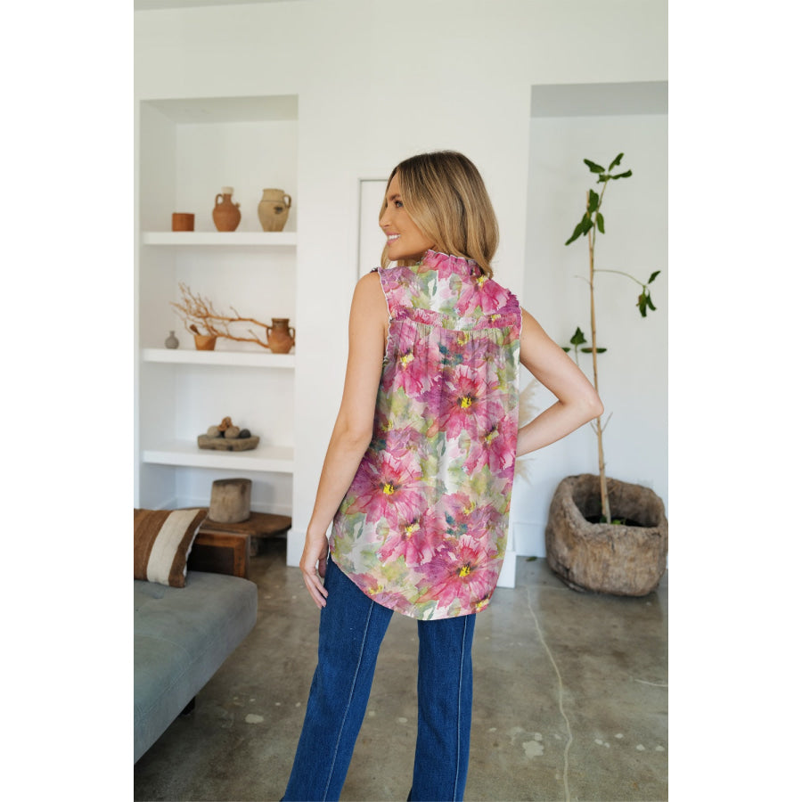 Frill Printed Mock Neck Top Apparel and Accessories