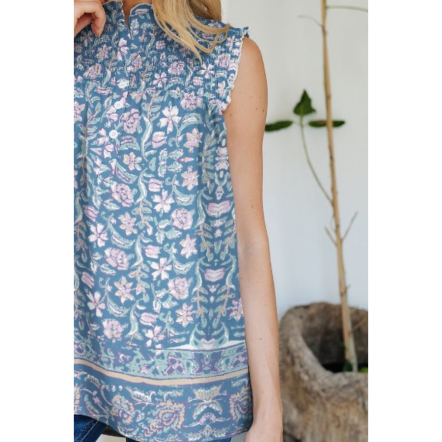 Frill Printed Mock Neck Top Apparel and Accessories