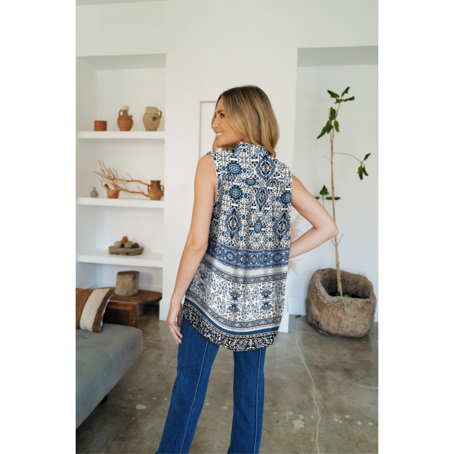 Frill Printed Mock Neck Top Apparel and Accessories