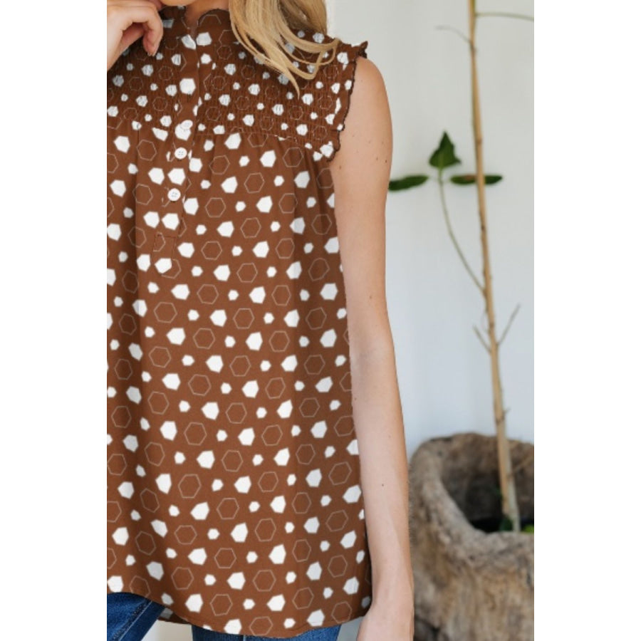 Frill Printed Mock Neck Top Apparel and Accessories