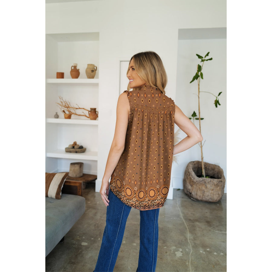 Frill Printed Mock Neck Top Apparel and Accessories