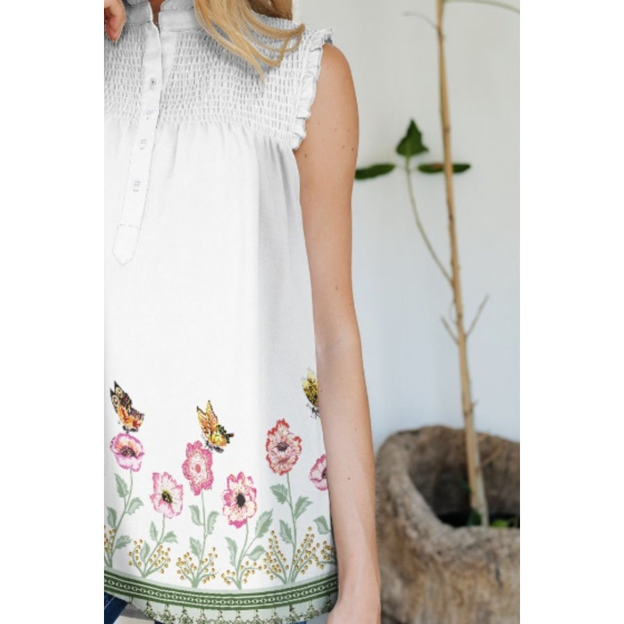 Frill Printed Mock Neck Top Apparel and Accessories