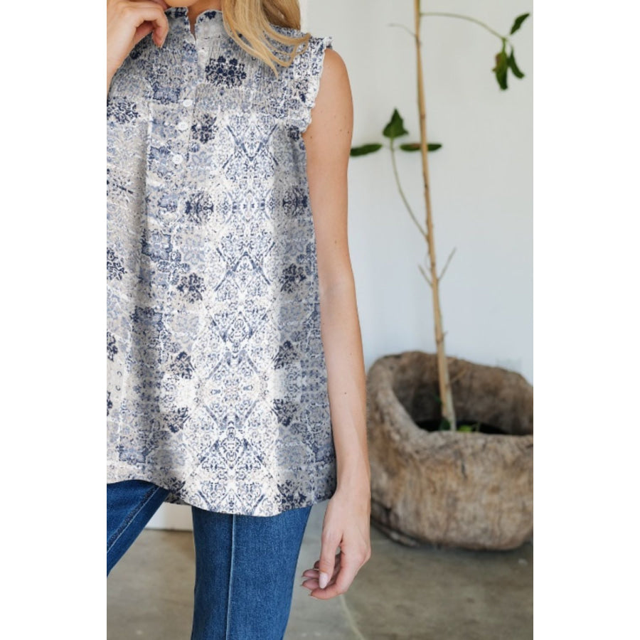 Frill Printed Mock Neck Top Apparel and Accessories