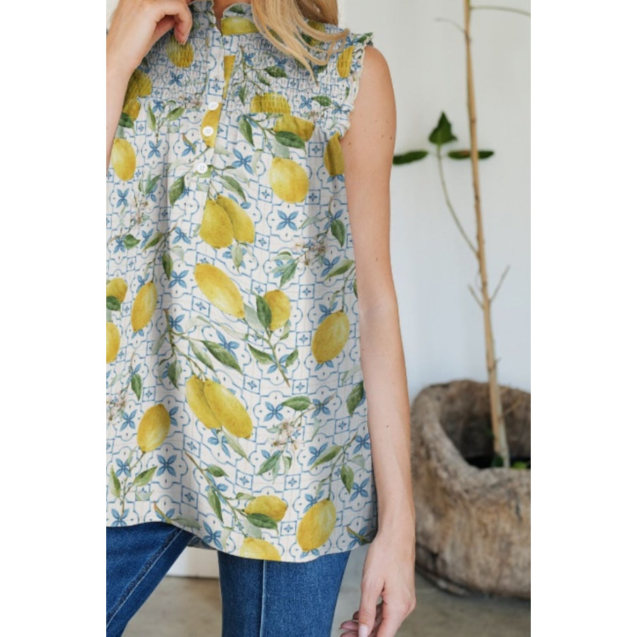 Frill Printed Mock Neck Top Apparel and Accessories