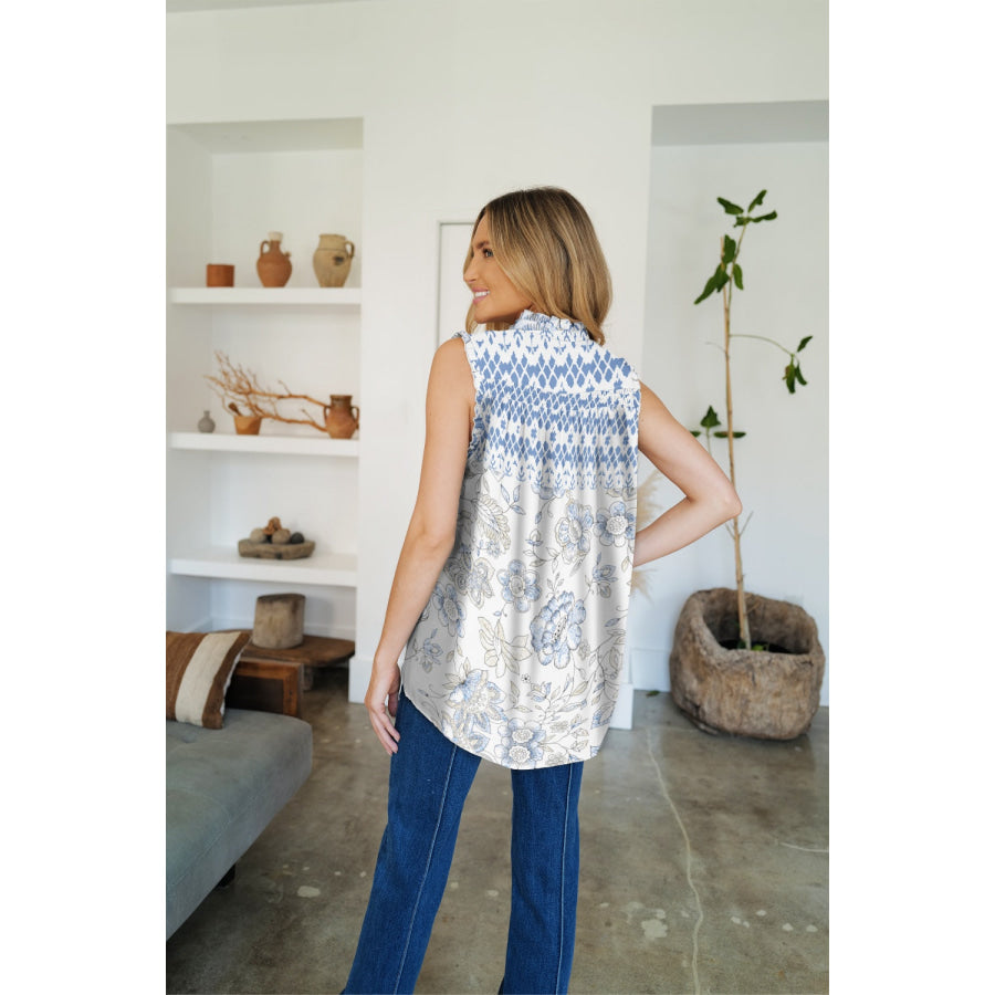 Frill Printed Mock Neck Top Apparel and Accessories