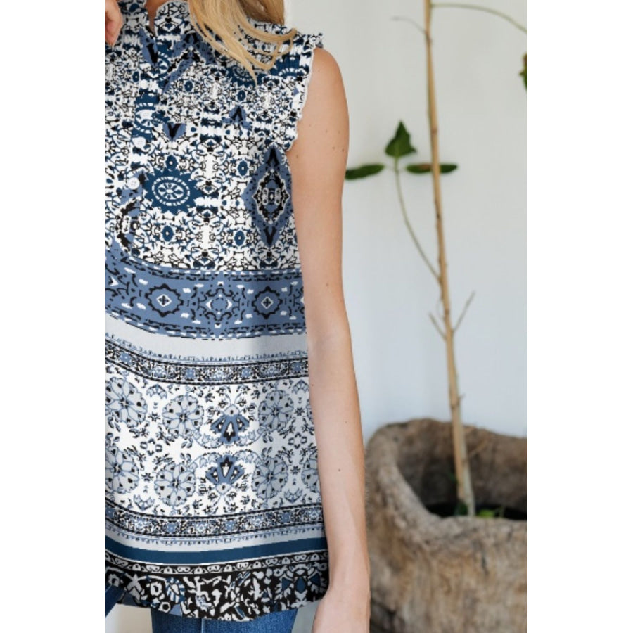 Frill Printed Mock Neck Top Apparel and Accessories