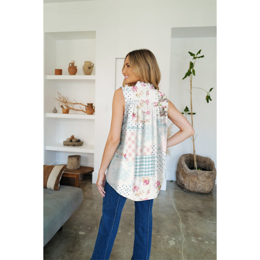 Frill Printed Mock Neck Top Apparel and Accessories