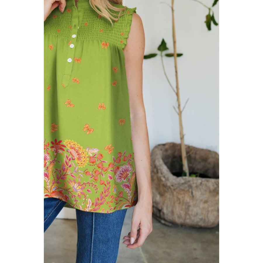 Frill Printed Mock Neck Top Apparel and Accessories