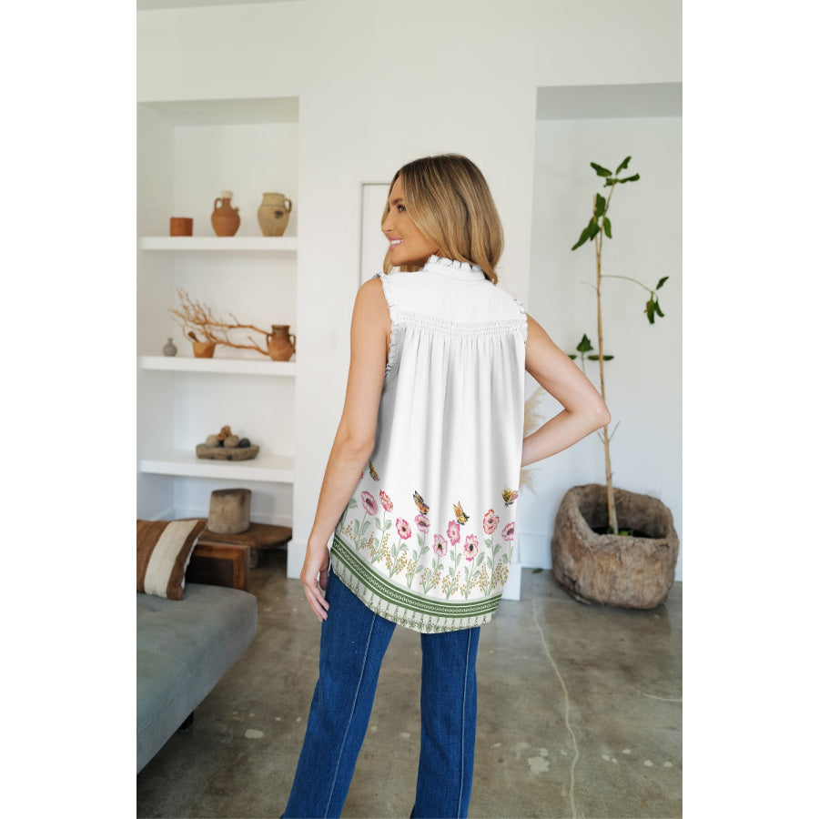 Frill Printed Mock Neck Top Apparel and Accessories