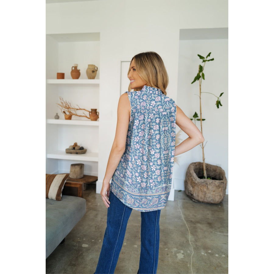 Frill Printed Mock Neck Top Apparel and Accessories