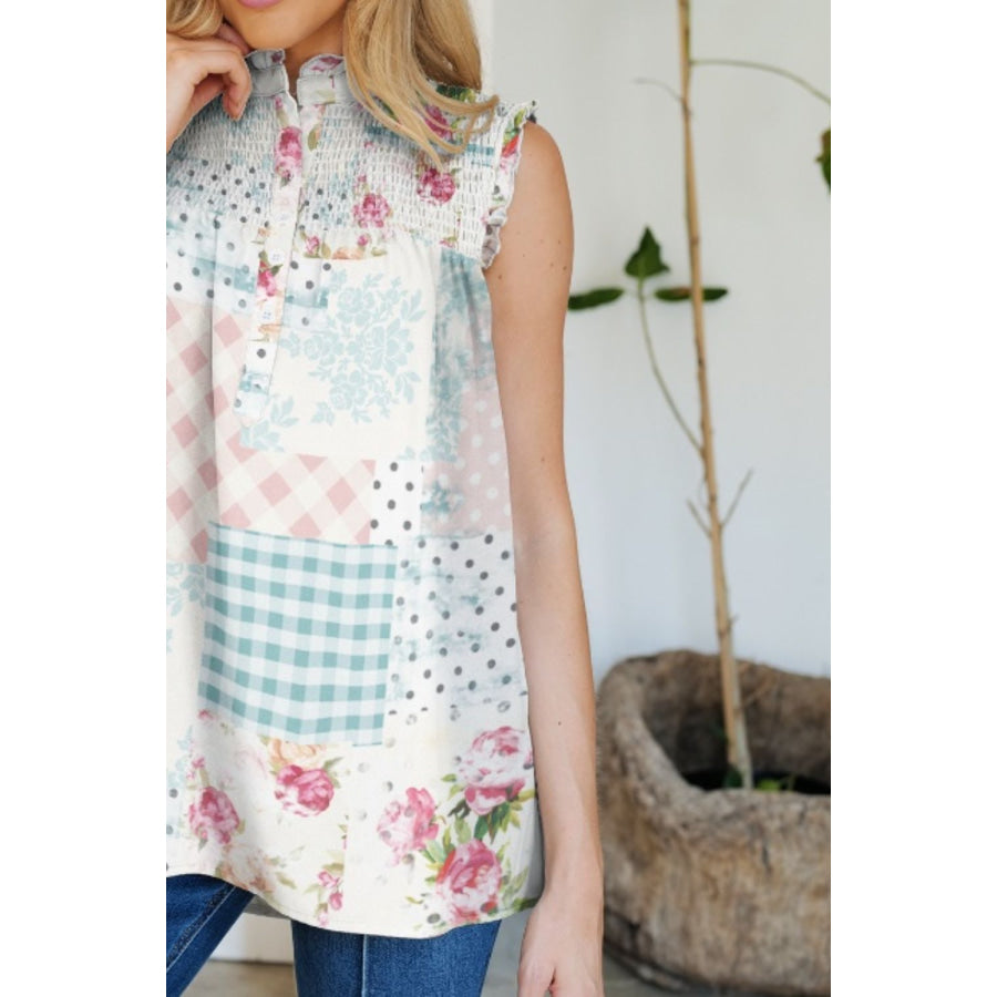 Frill Printed Mock Neck Top Apparel and Accessories