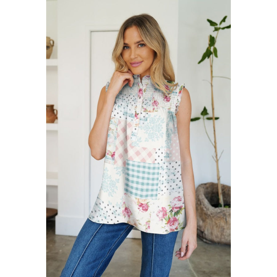 Frill Printed Mock Neck Top Blush Pink / S Apparel and Accessories