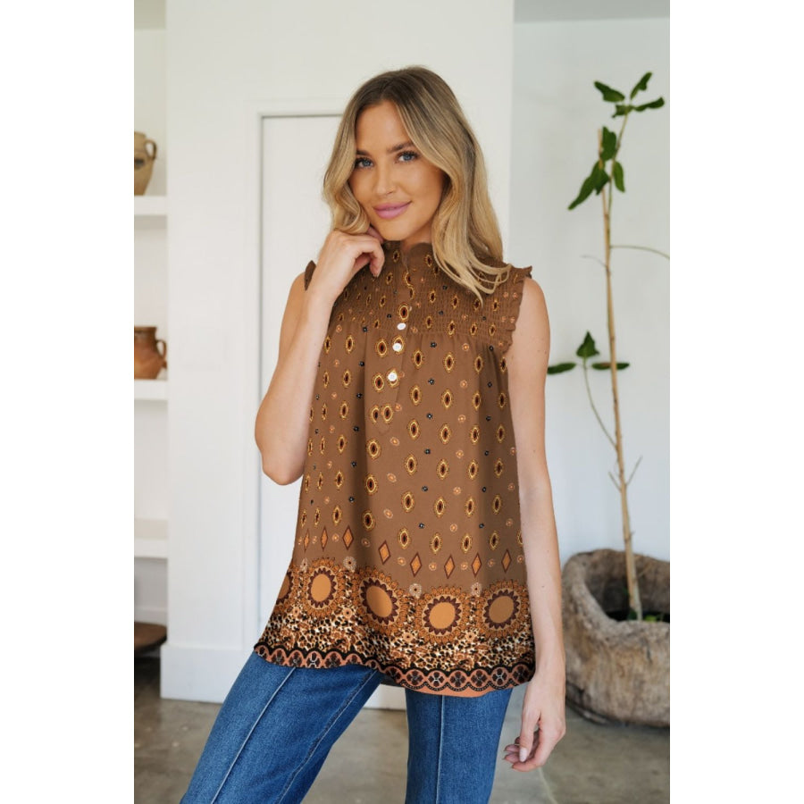 Frill Printed Mock Neck Top Brown / S Apparel and Accessories