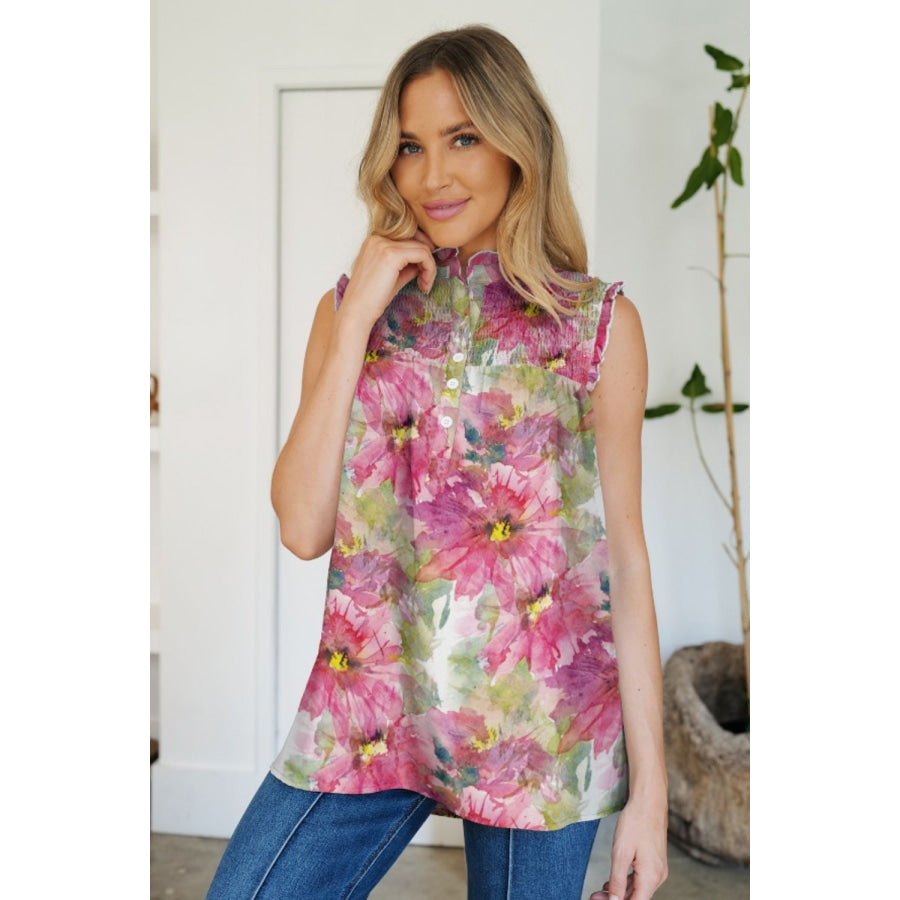Frill Printed Mock Neck Top Deep Rose / S Apparel and Accessories
