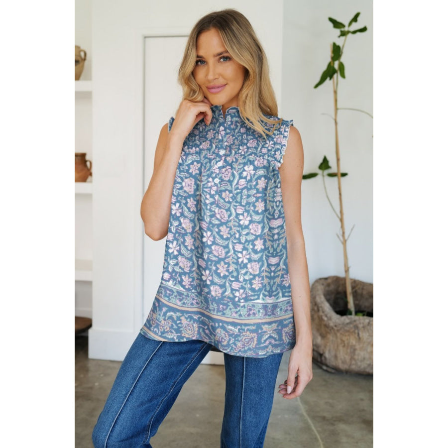 Frill Printed Mock Neck Top Dusty Blue / S Apparel and Accessories