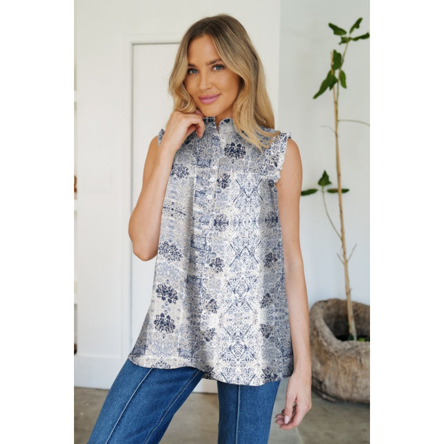 Frill Printed Mock Neck Top Floral / S Apparel and Accessories