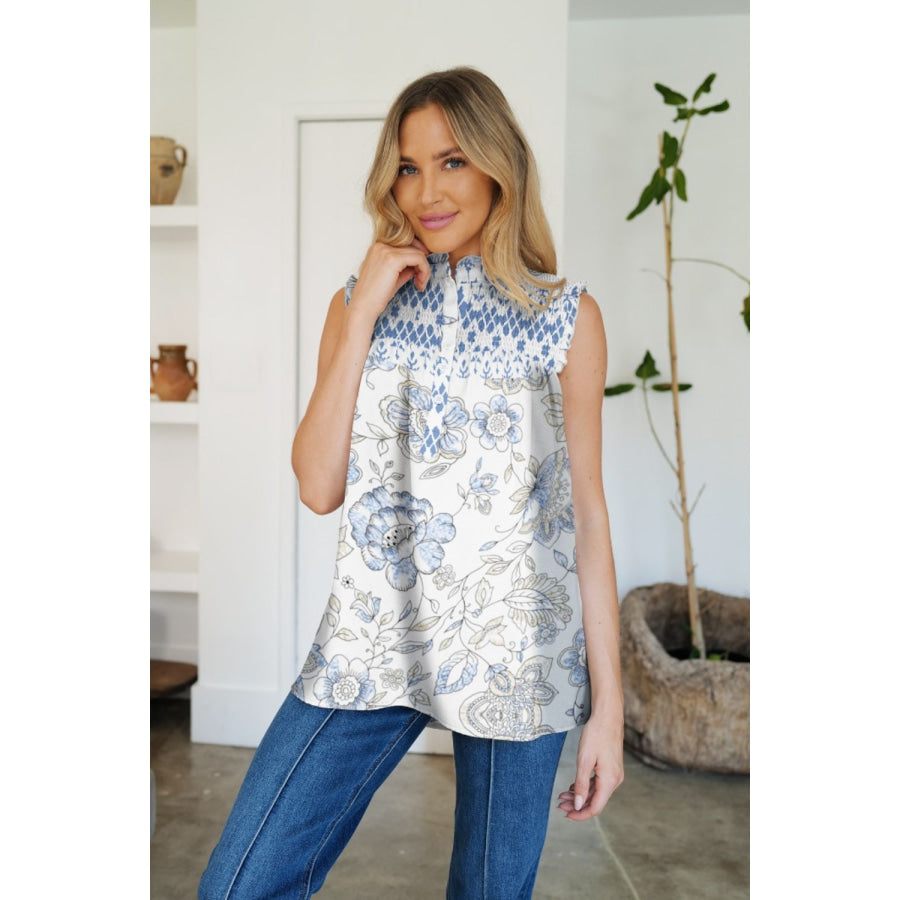 Frill Printed Mock Neck Top Light Blue / S Apparel and Accessories