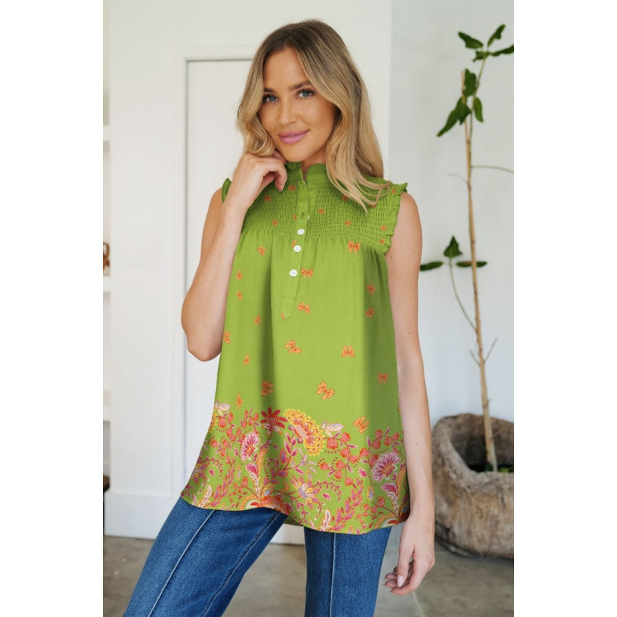 Frill Printed Mock Neck Top Lime / S Apparel and Accessories
