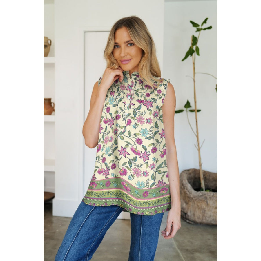 Frill Printed Mock Neck Top Pastel Yellow / S Apparel and Accessories