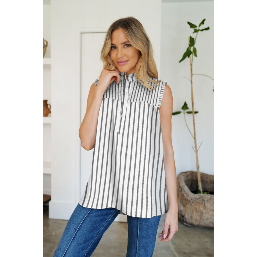 Frill Printed Mock Neck Top Stripe / S Apparel and Accessories