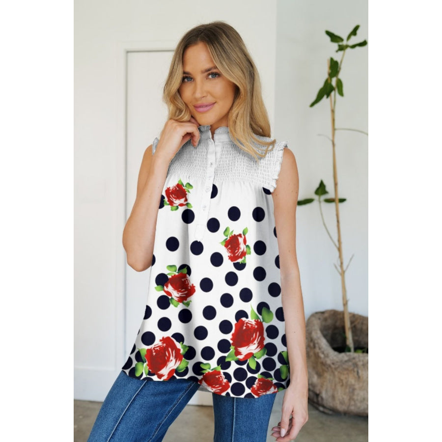 Frill Printed Mock Neck Top White / S Apparel and Accessories