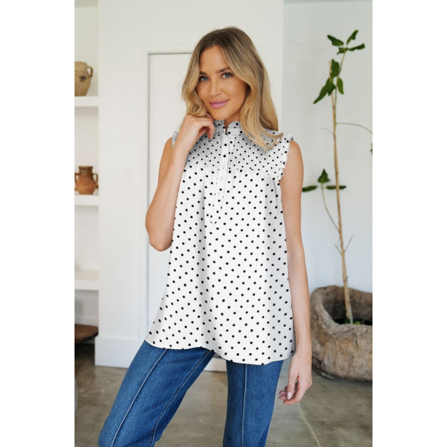Frill Printed Mock Neck Top White / S Apparel and Accessories