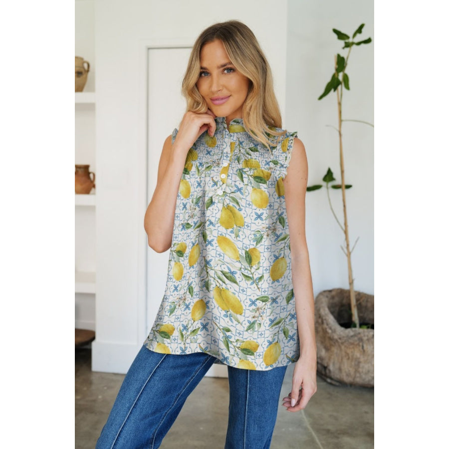 Frill Printed Mock Neck Top Yellow-Green / S Apparel and Accessories