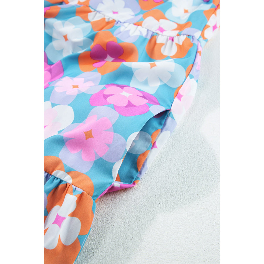 Frill Printed Notched Sleeveless Dress Apparel and Accessories