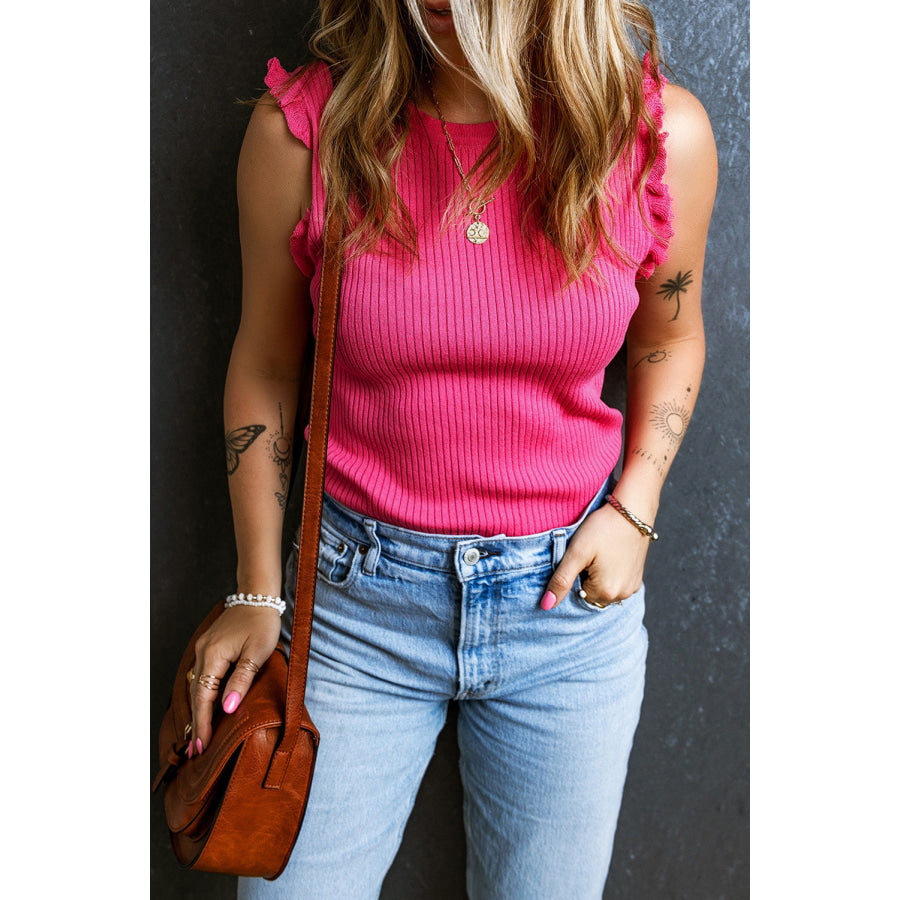 Frill Round Neck Knit Vest Apparel and Accessories