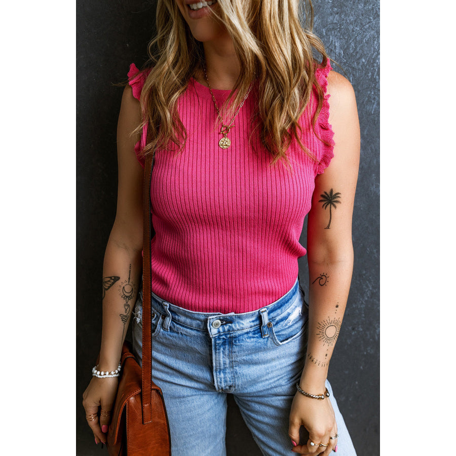 Frill Round Neck Knit Vest Apparel and Accessories