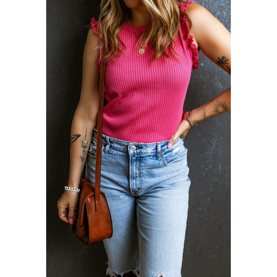 Frill Round Neck Knit Vest Apparel and Accessories