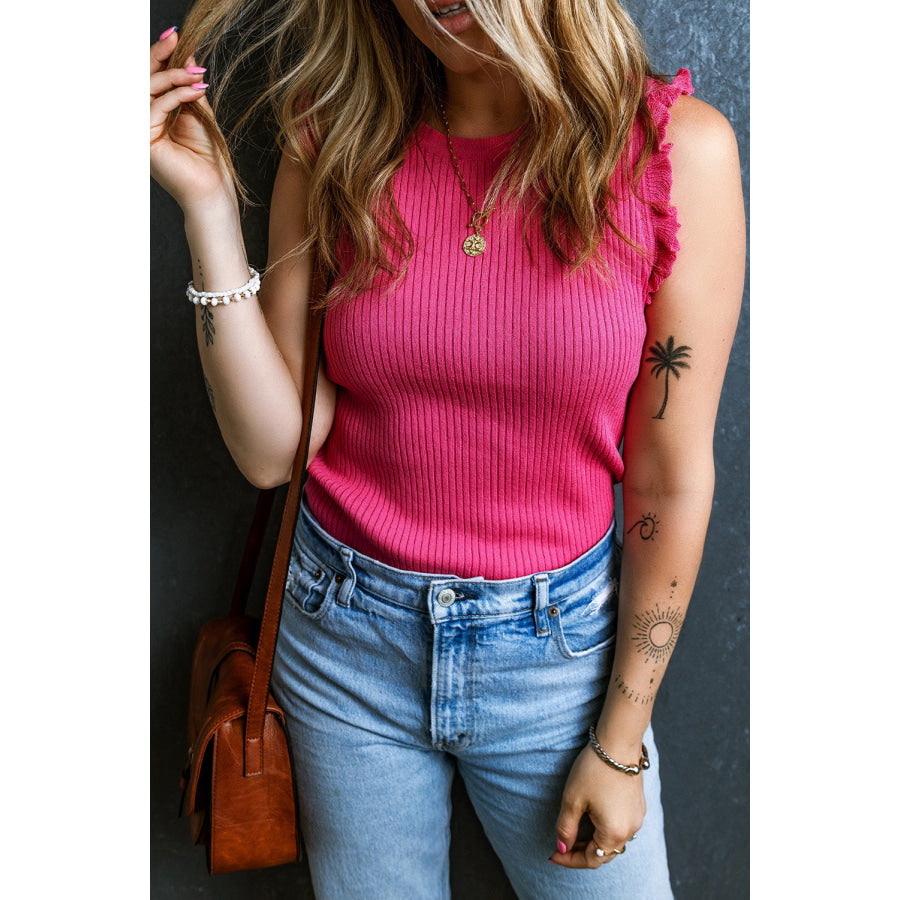 Frill Round Neck Knit Vest Hot Pink / S Apparel and Accessories