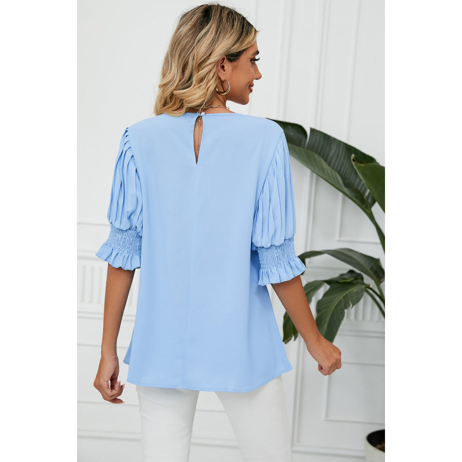 Frill Round Neck Lantern Sleeve T - Shirt Apparel and Accessories