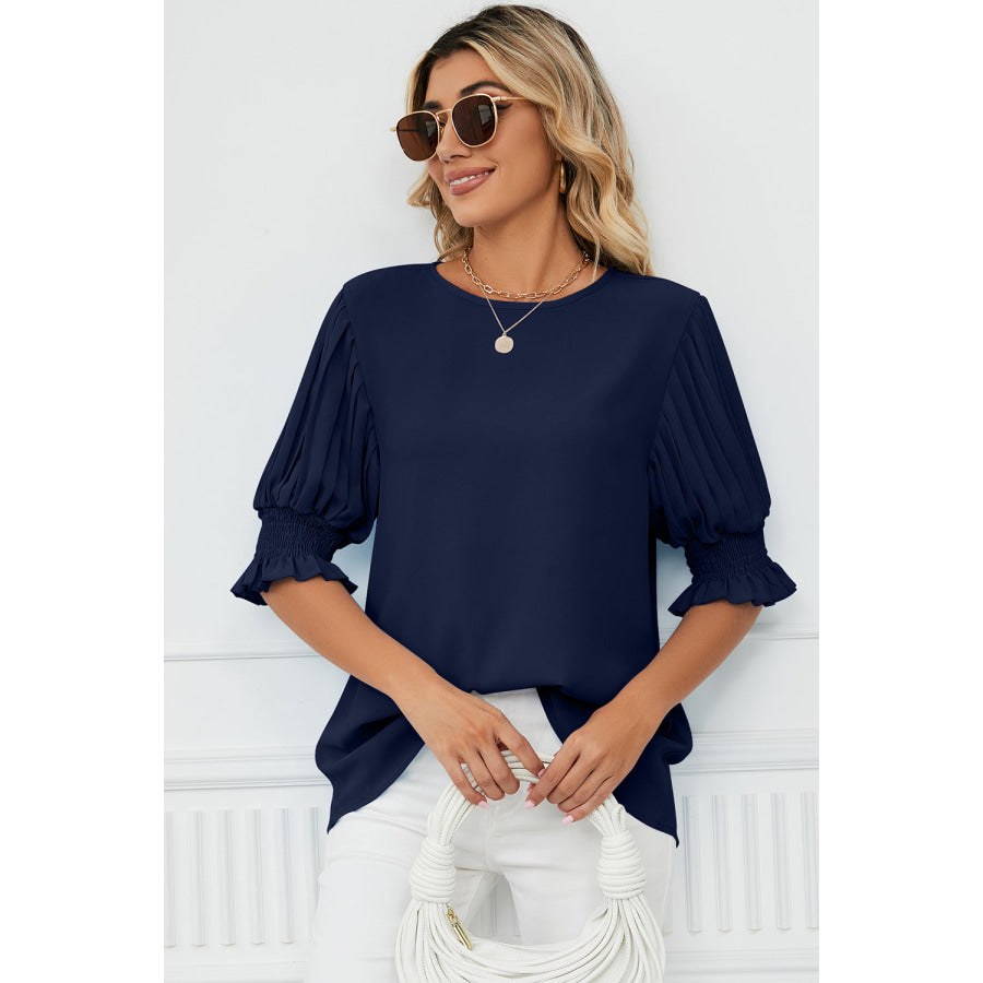 Frill Round Neck Lantern Sleeve T - Shirt Apparel and Accessories