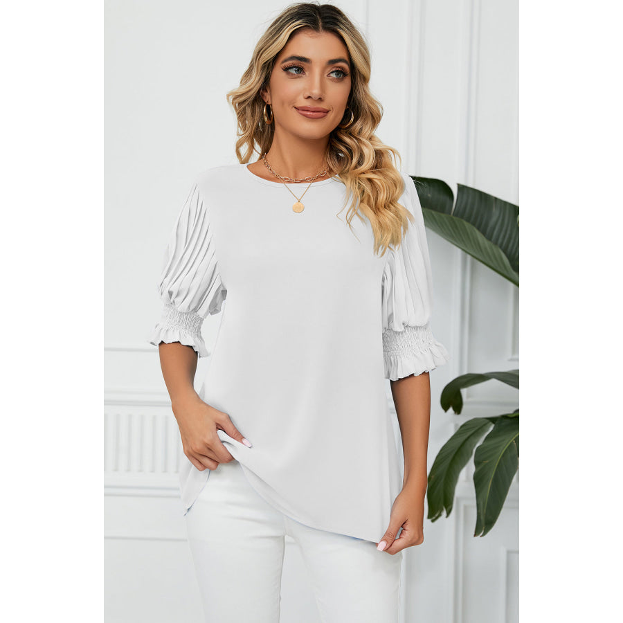 Frill Round Neck Lantern Sleeve T - Shirt Apparel and Accessories