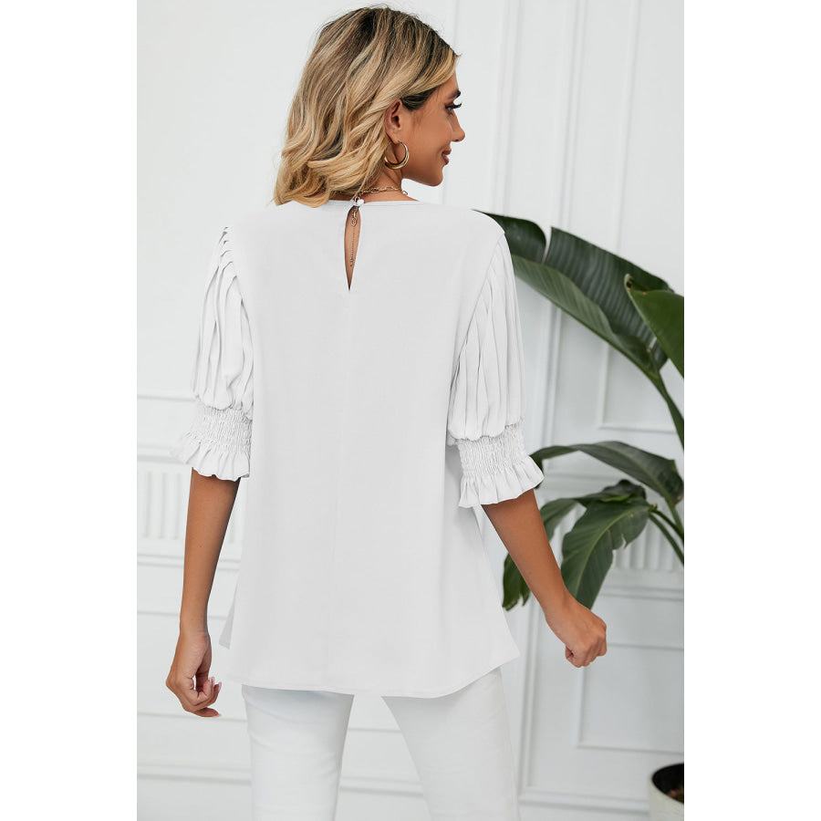 Frill Round Neck Lantern Sleeve T - Shirt Apparel and Accessories