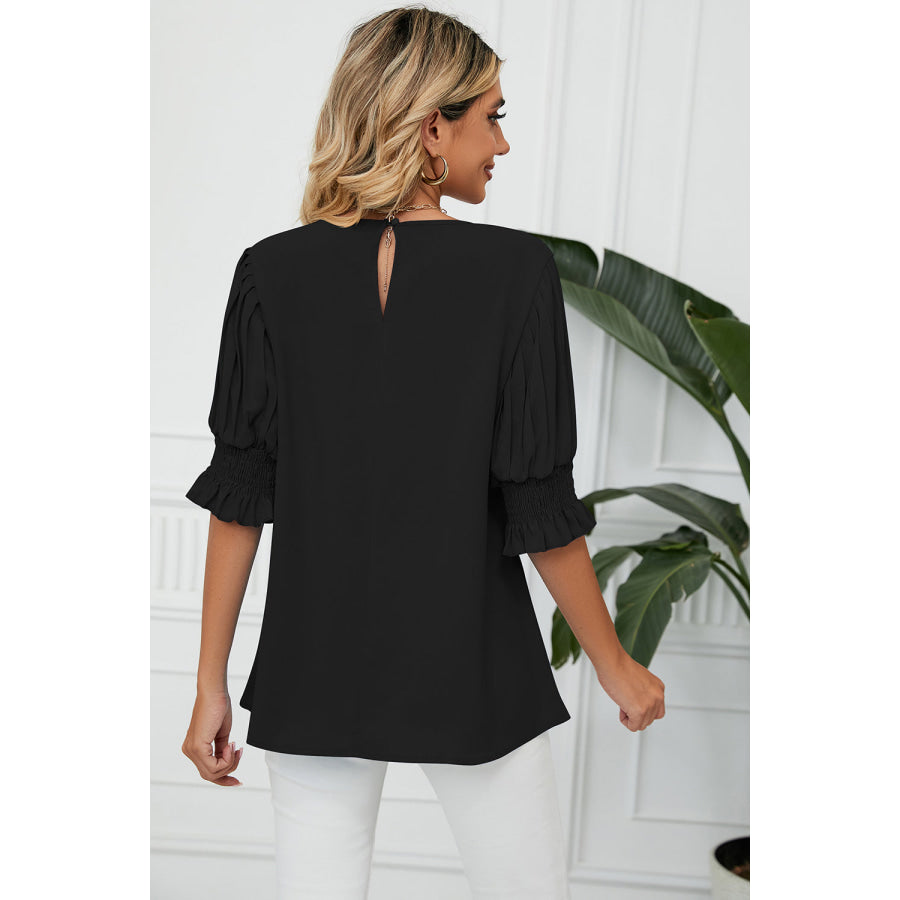 Frill Round Neck Lantern Sleeve T - Shirt Apparel and Accessories