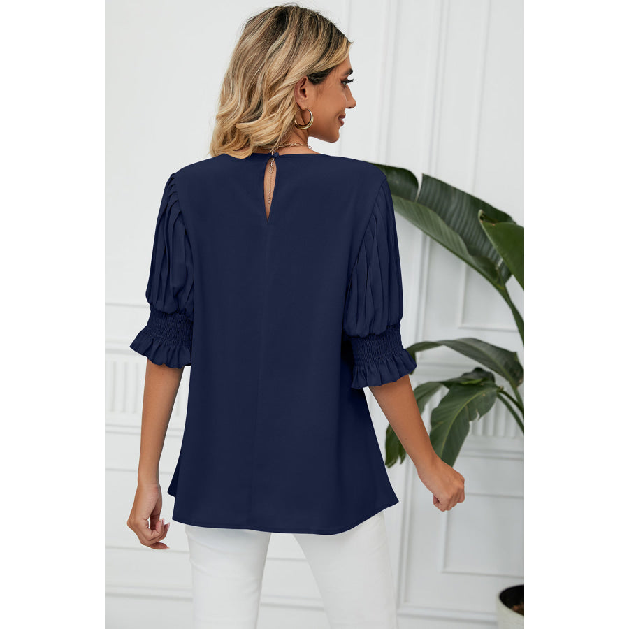 Frill Round Neck Lantern Sleeve T - Shirt Apparel and Accessories
