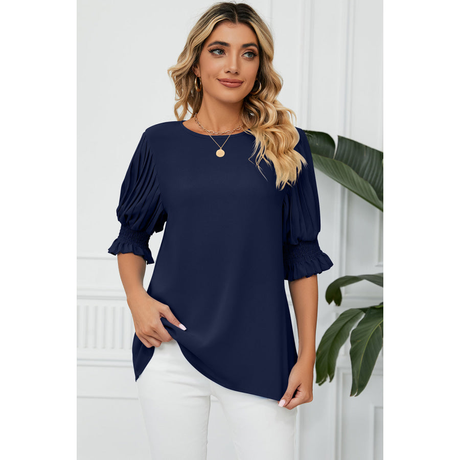 Frill Round Neck Lantern Sleeve T - Shirt Apparel and Accessories