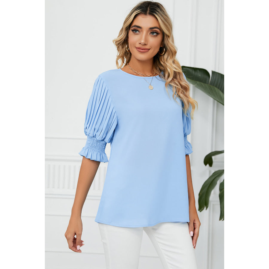 Frill Round Neck Lantern Sleeve T - Shirt Apparel and Accessories