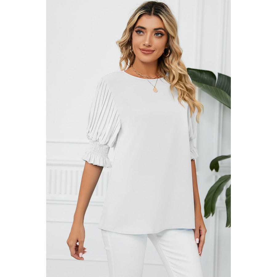Frill Round Neck Lantern Sleeve T - Shirt Apparel and Accessories