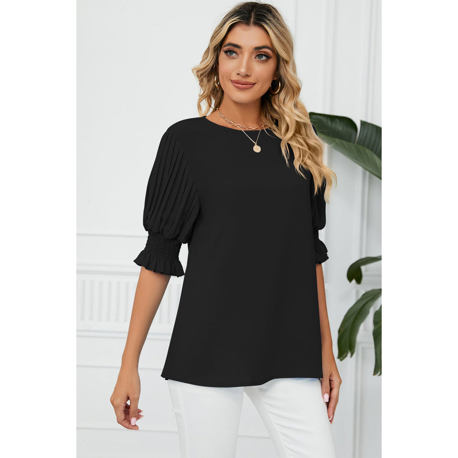 Frill Round Neck Lantern Sleeve T - Shirt Apparel and Accessories