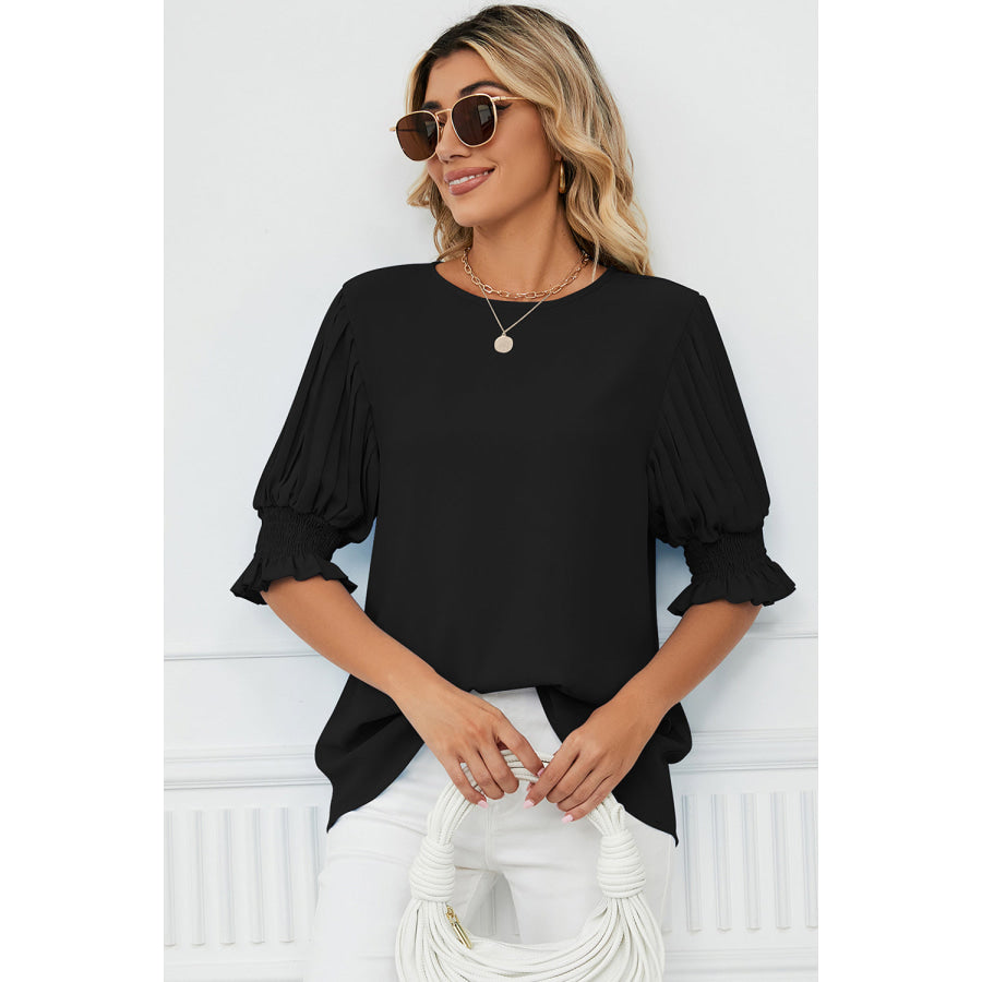 Frill Round Neck Lantern Sleeve T - Shirt Apparel and Accessories
