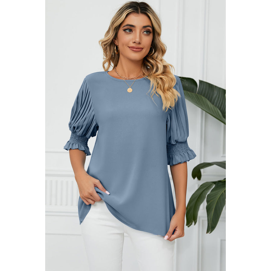 Frill Round Neck Lantern Sleeve T - Shirt Apparel and Accessories