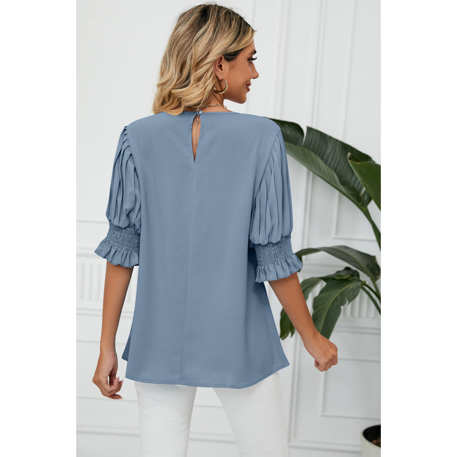 Frill Round Neck Lantern Sleeve T - Shirt Apparel and Accessories