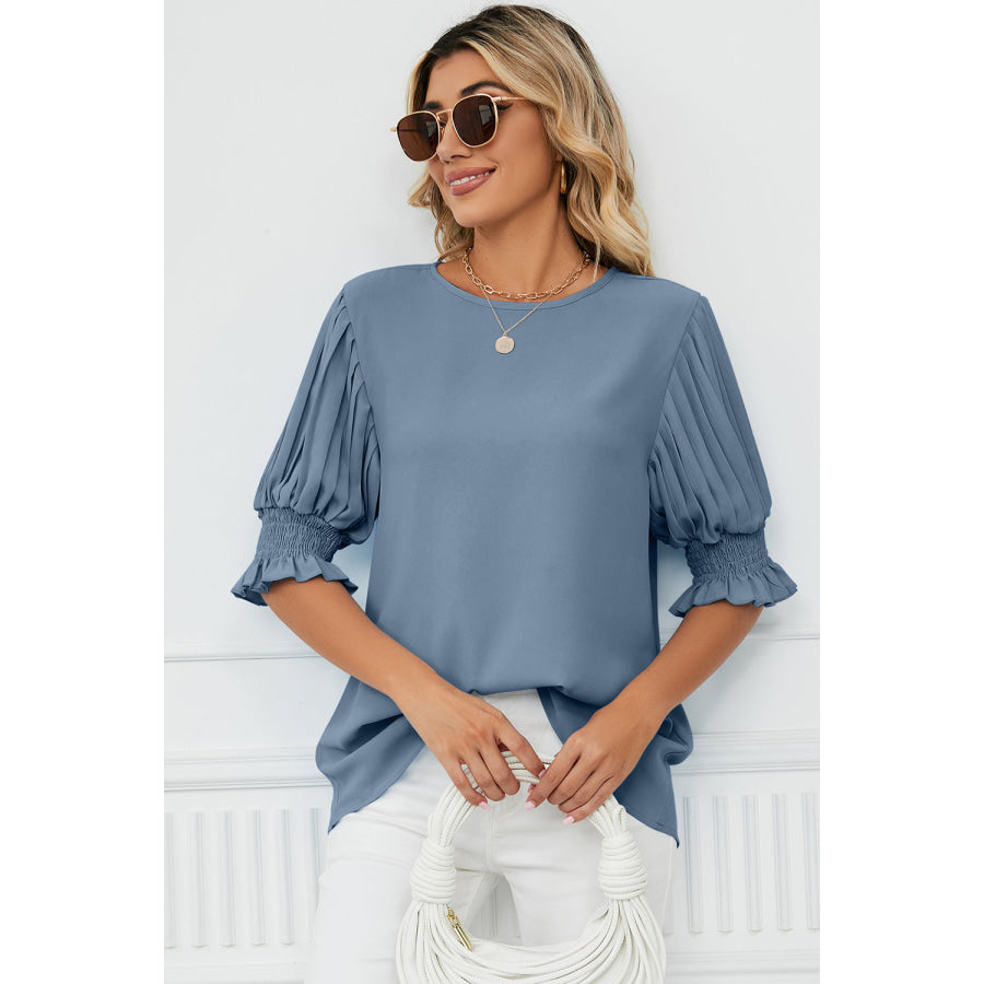 Frill Round Neck Lantern Sleeve T - Shirt Apparel and Accessories