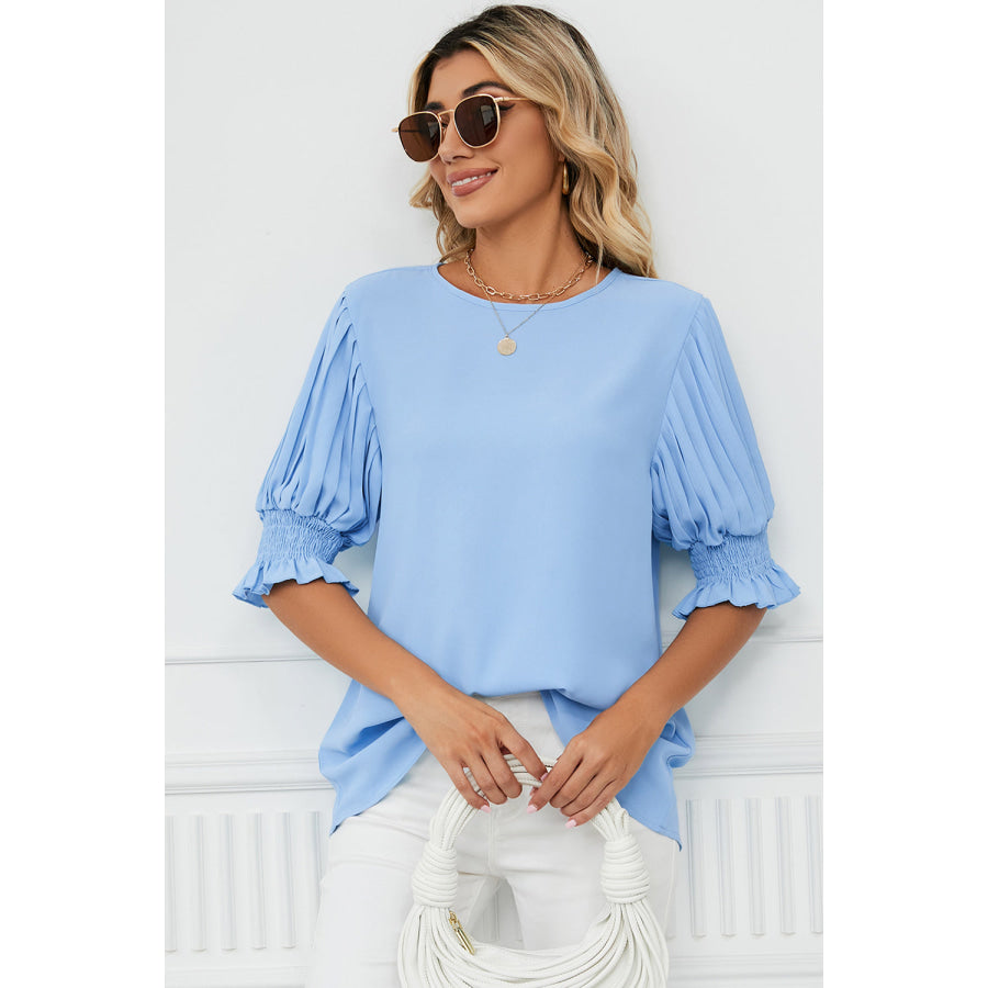 Frill Round Neck Lantern Sleeve T - Shirt Apparel and Accessories