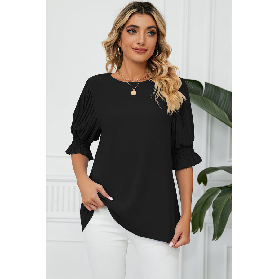 Frill Round Neck Lantern Sleeve T - Shirt Black / S Apparel and Accessories