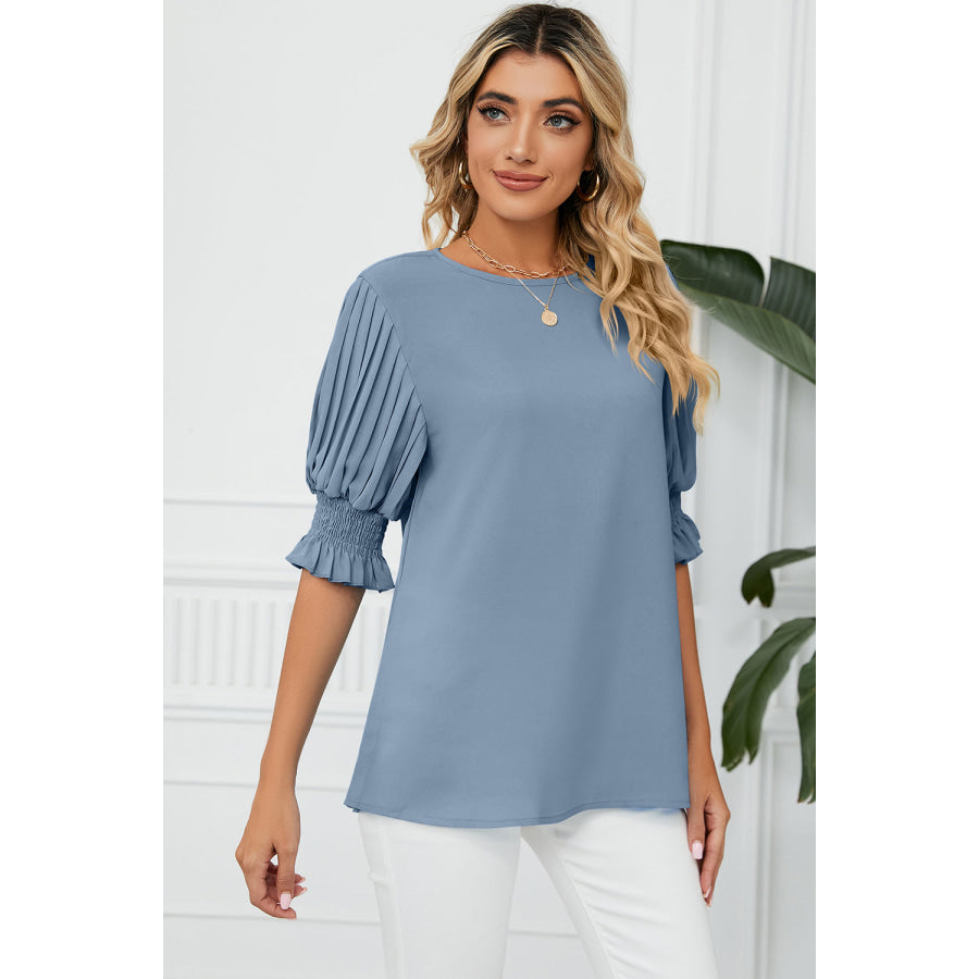Frill Round Neck Lantern Sleeve T - Shirt Misty Blue / S Apparel and Accessories